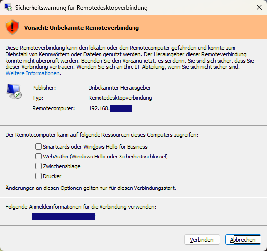 Windows security warning: Caution — Unknown remote connection, Unknown publisher